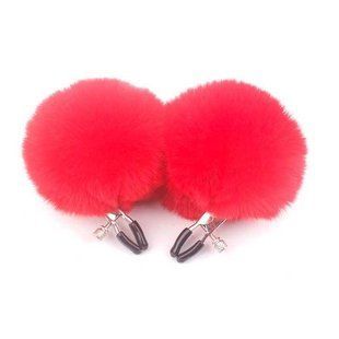 Затискачі для сосків із хутром "Pom Pom Nipple Clamps" - Червоний - Садо-мазо X0000521-2 фото