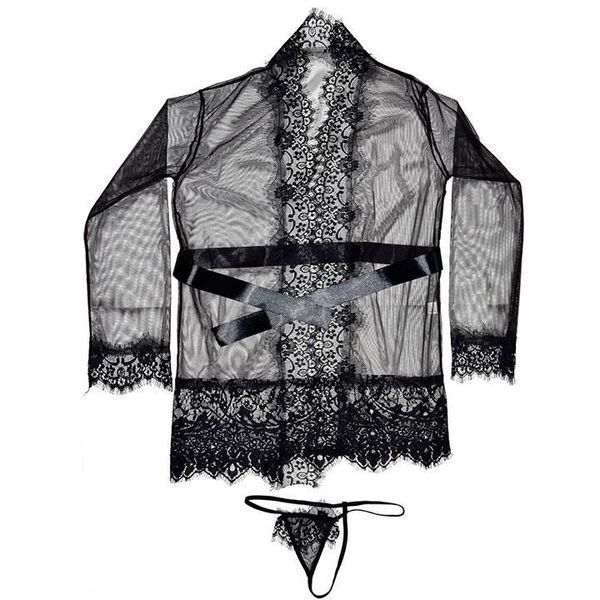 Коротенький прозрачный халат с длинным рукавом - XS/S/M - Чёрный &ndash; Эротическое бельё X00000292-1 фото